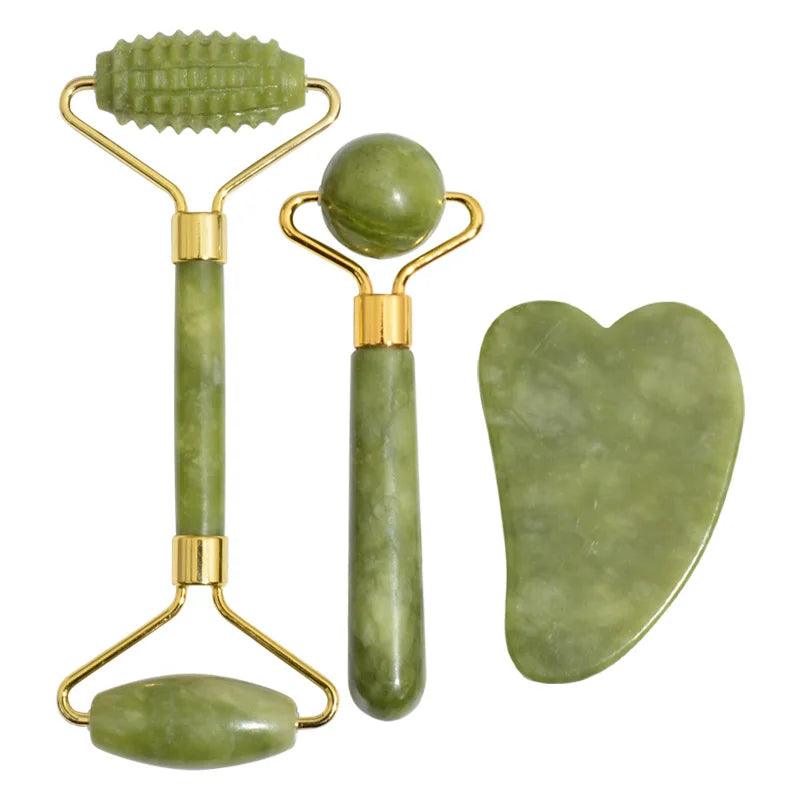 Kit Rolinho Pedra de Jade Massageador Facial Anti Ruga